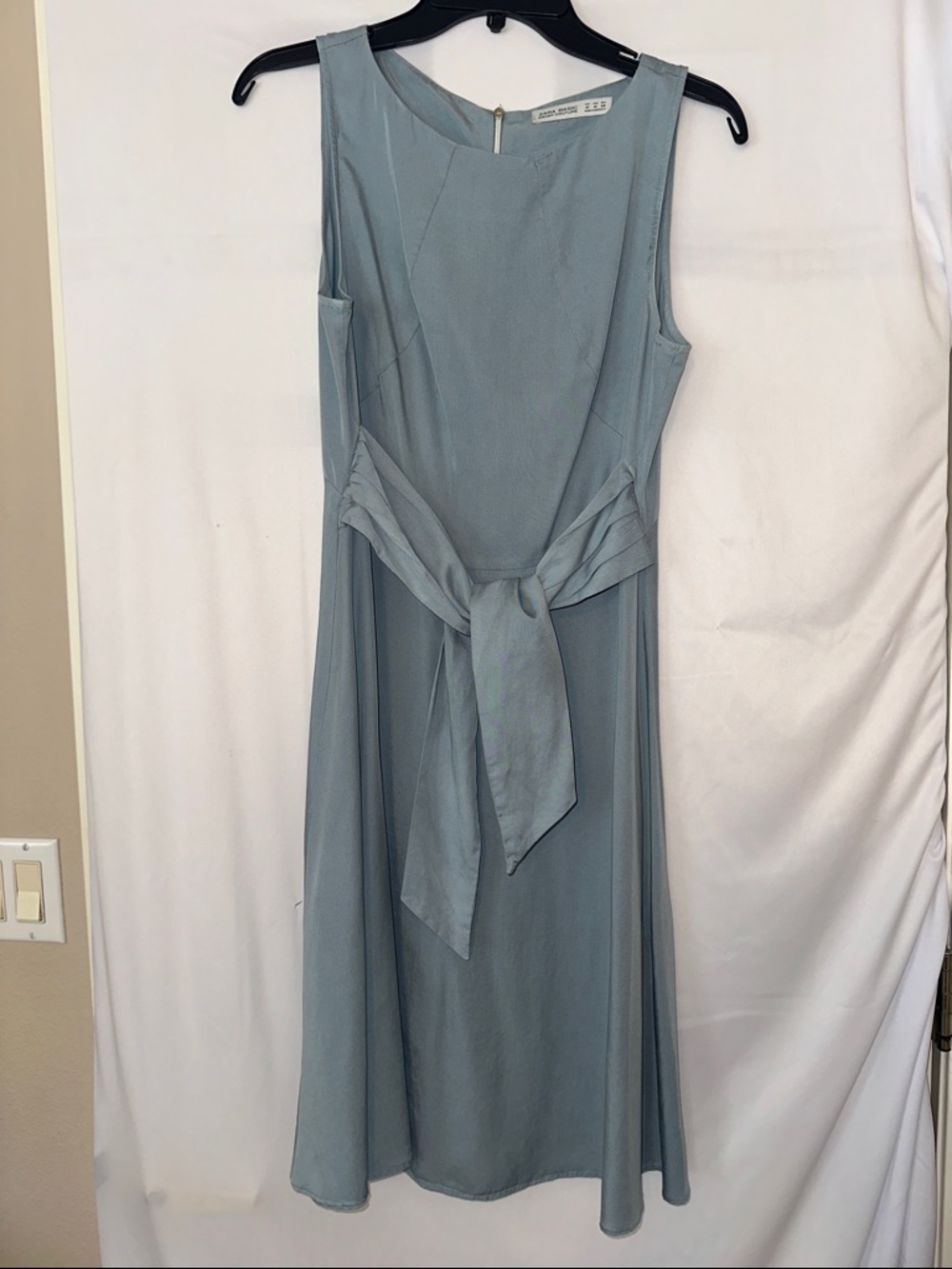 Zara Pale Blue Sleeveless Midi Dress with Tie-Waist
